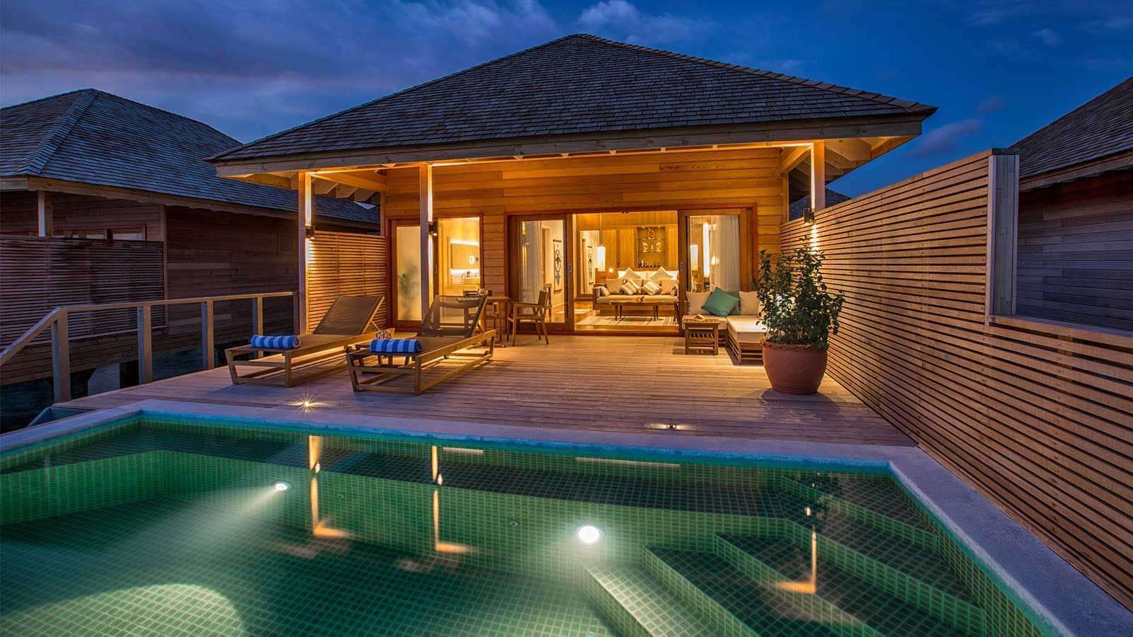 Ocean Pool Villa sundeck and private infinity pool above the Hurawalhi lagoon